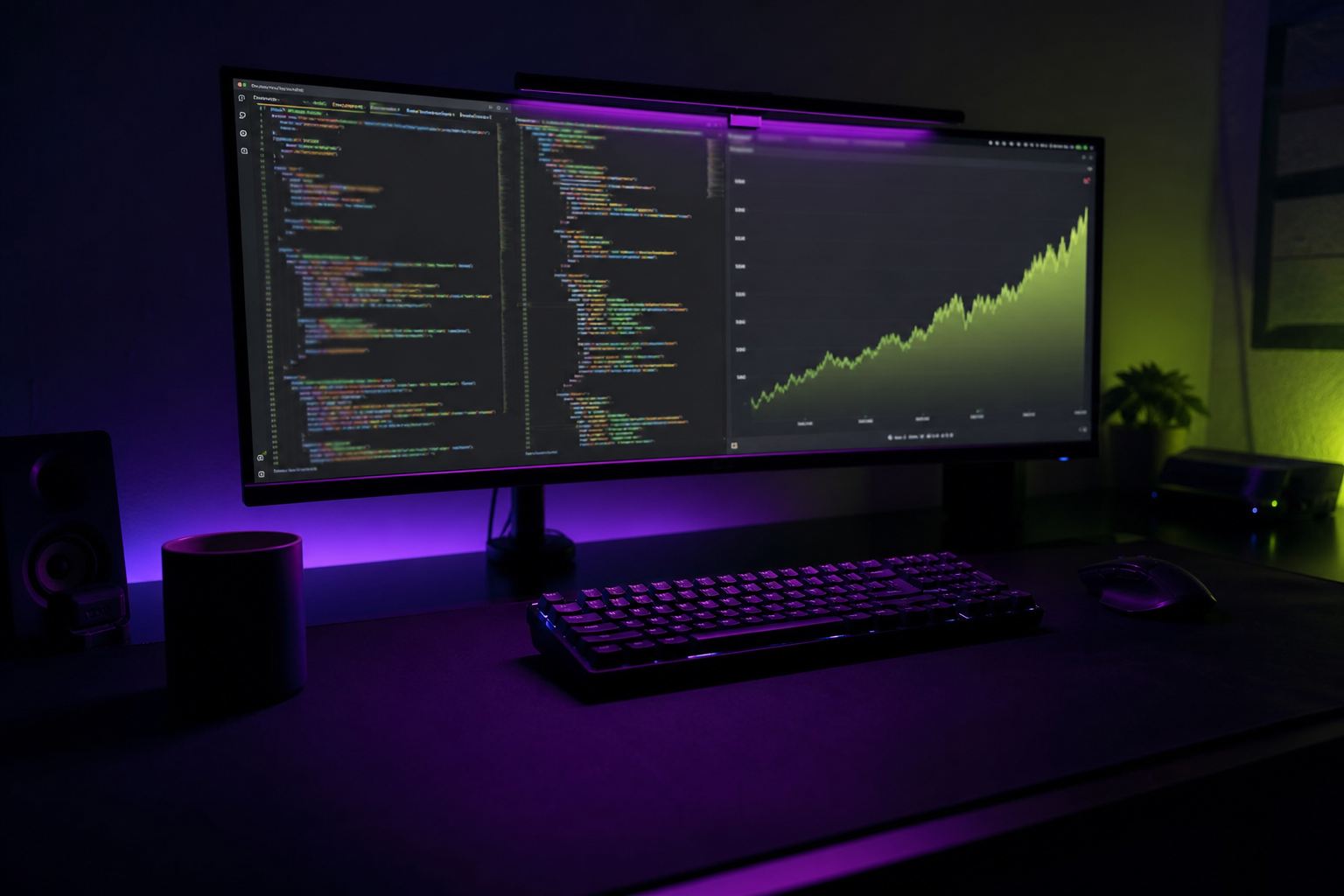Poste de travail d'analyse SEO avec courbes de trafic et tableaux de données
